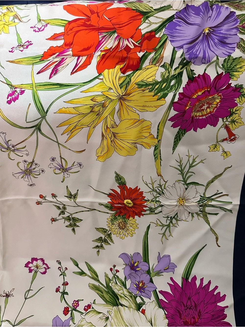 Gucci Floral Silk Scarf in White with Red, Yellow & Purple Blooms